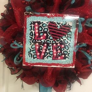 Red, turquoise and black love wreath for your door or any place you choose.